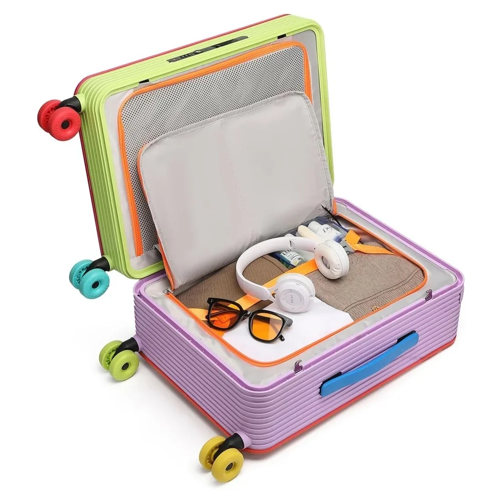 valise de voyage rigide multicolore en pc, sans fermeture éclair, avec poignée large, compatible tsa, 20/24 pouces