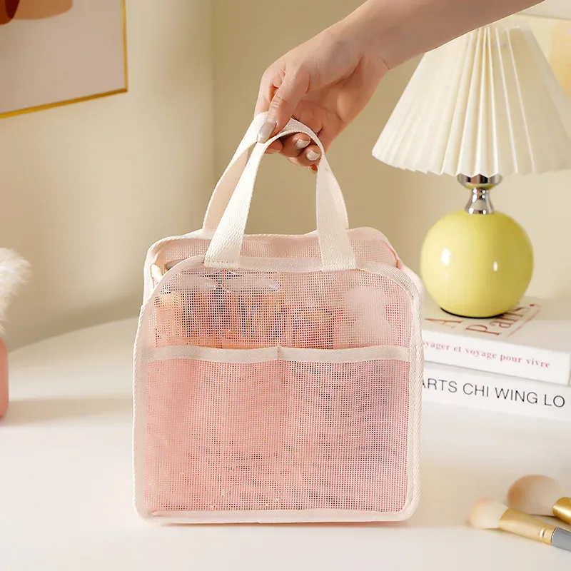 nouvelle trousse de toilette coréenne en maille tissée pour femmes, sac de rangement portable pour produits de soin de la peau, sac de voyage, trousse de maquillage pour la salle de sport et la douche.