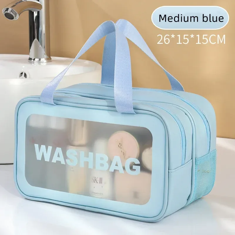 sac de maquillage en pu double transparent, séparation sèche-humide, sac de lavage portable, sac de rangement de cosmétiques, voyage fitness, essentiels de natation