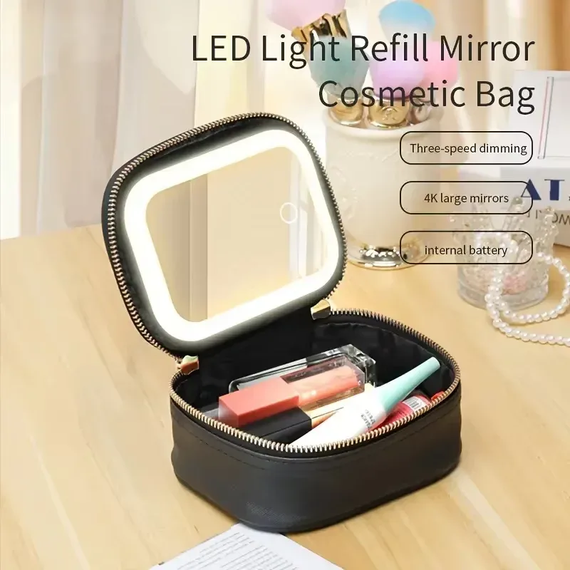 mini trousse de maquillage avec miroir led, petite trousse de toilette de voyage, 3 lumières à luminosité réglable pour femmes, trousse de toilette portable pour le train