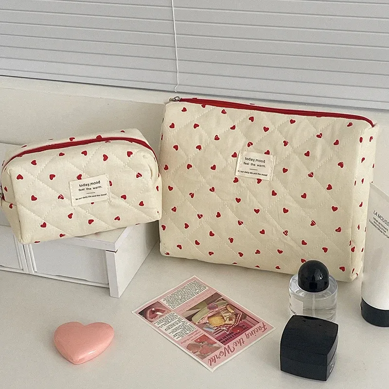 sac de toilette matelassé ins fresh red heart, grande capacité, sac de rangement pour cosmétiques, sac de voyage portable, sac à main