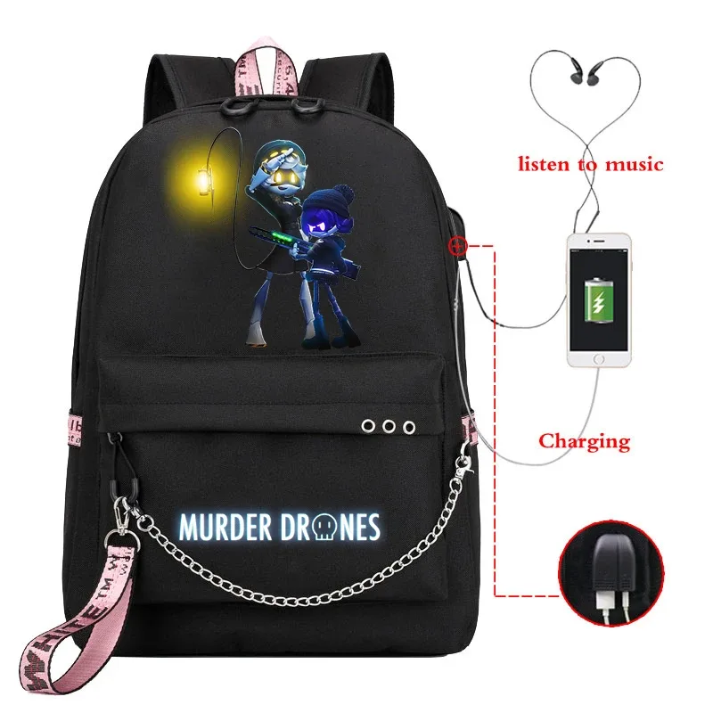 sac dos toile dessin animé personnages colorés logo murder drones chaîne métallique câble usb voyage capacité 20 35 litres