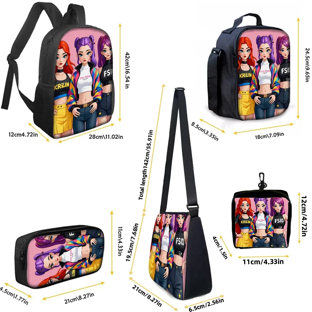 sac dos polyester dessin animes personnages stylisés fonds rose noirs accents couleurs vivantes transport journalier