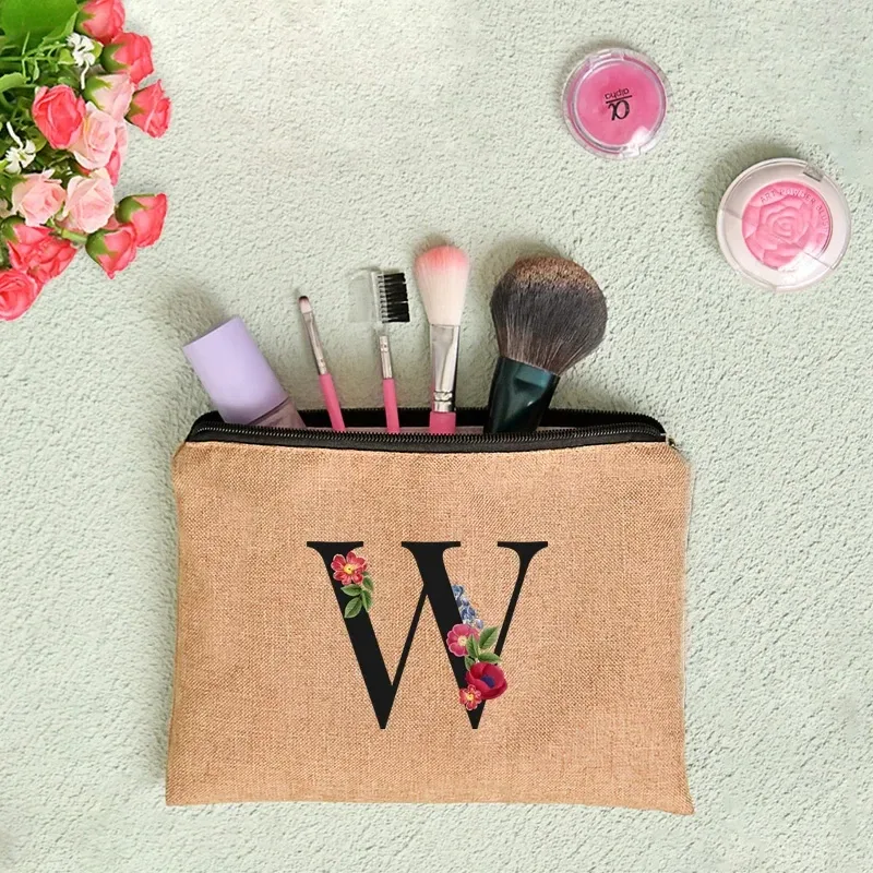 pochette en lin à fermeture éclair pour femmes, imprimé de lettres florales, étui de rangement de voyage, sac à cosmétiques, trousse de maquillage, sacs de maquillage de demoiselle d'honneur
