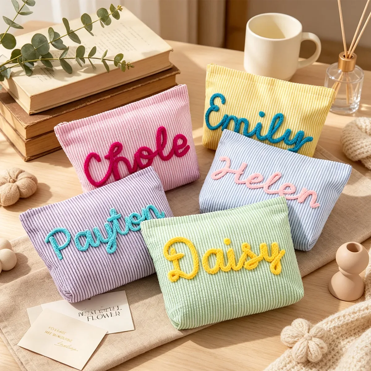pochette à maquillage personnalisée en seersucker, pochette cosmétique en chenille avec nom, trousse de toilette de voyage, cadeau pour elle