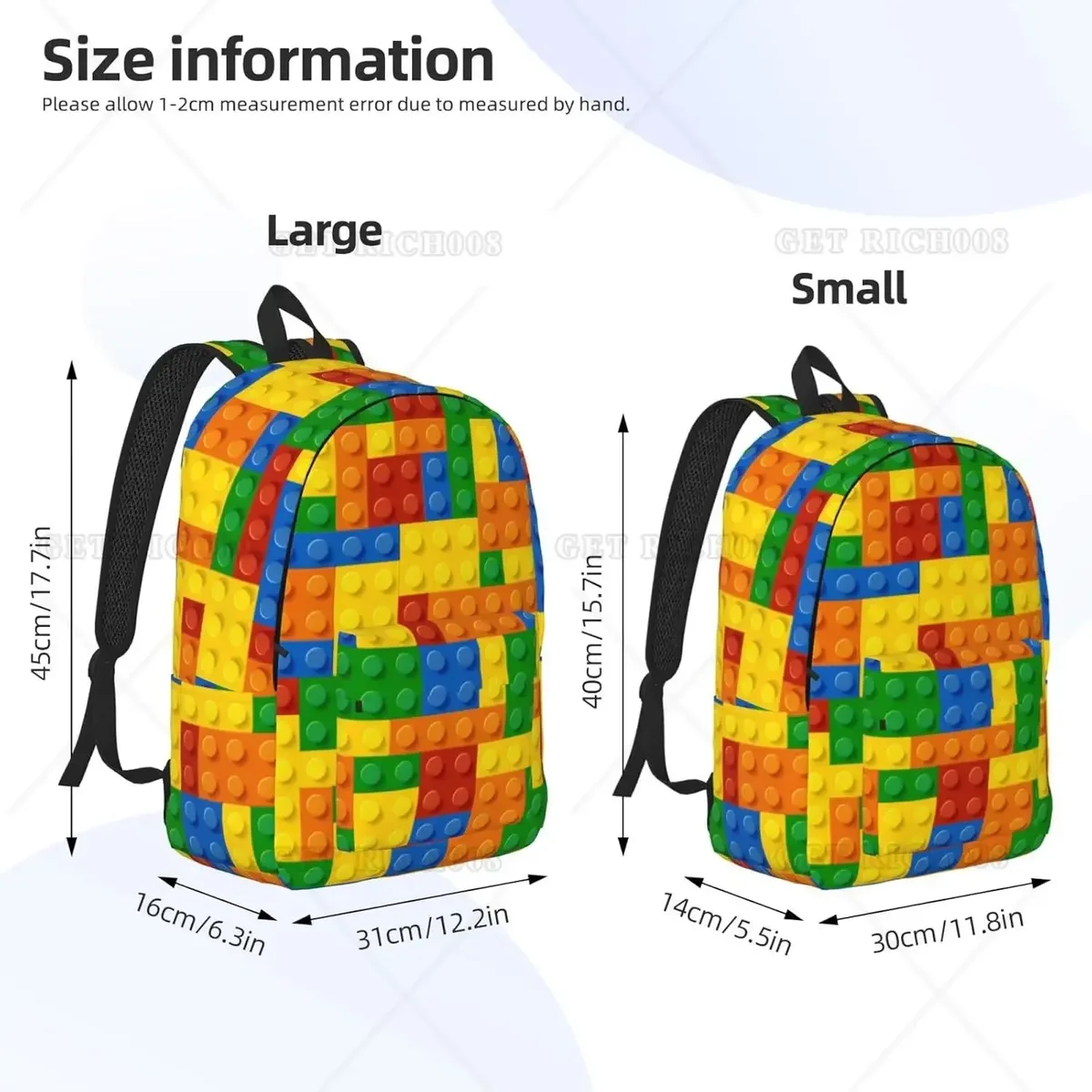 sac dos polyester motif carrés couleurs rouges jaunes verts bleus oranges poignées noires format 16 pouces usage voyage camping