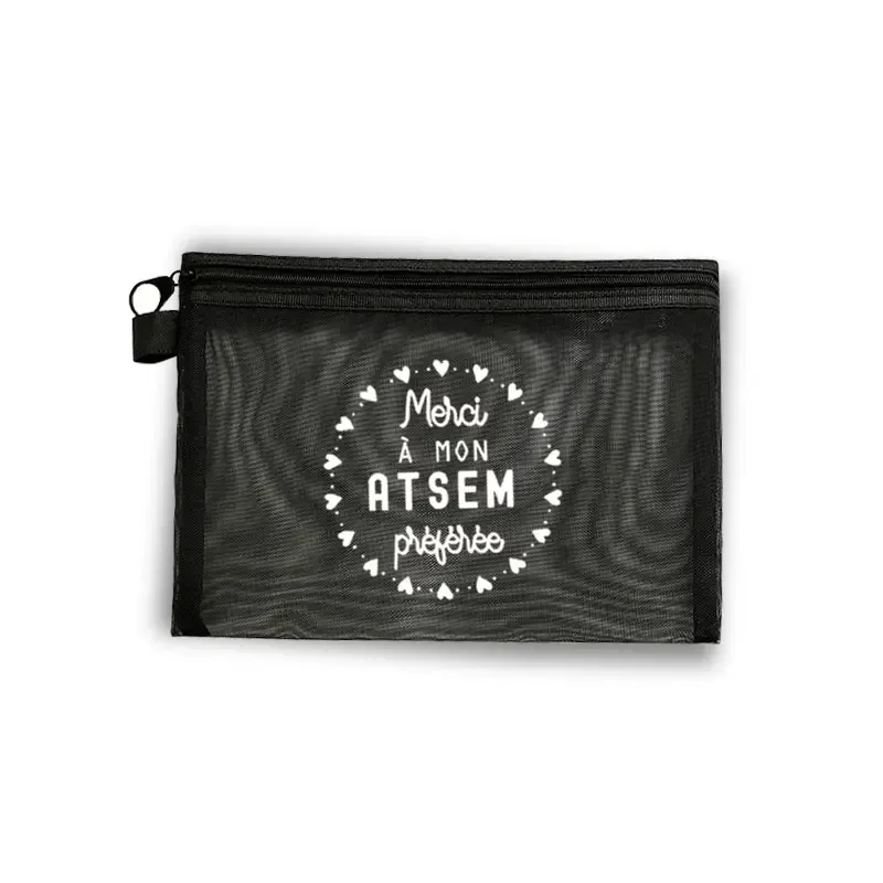 sac cosmétique en maille noire imprimé merci atsem, pochette de maquillage imperméable à fermeture éclair, cadeau de remerciement pour assistant d'enseignant préscolaire
