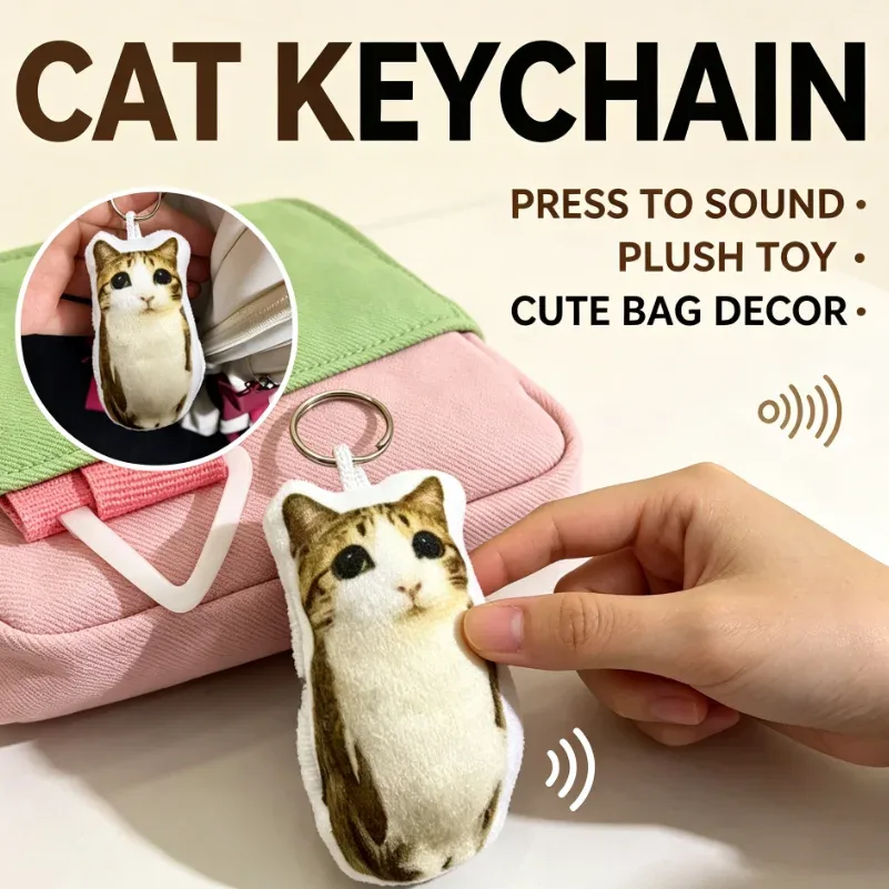 porte-clés sonore en peluche chat 'meow' viral, pendentif chat doux avec son 'meow', porte-clés métallique portable, mignon pour les amoureux des chats et les sacs à dos