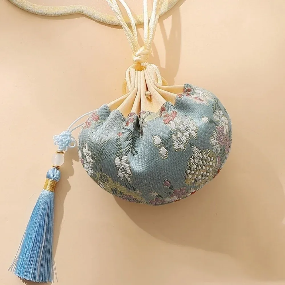 pochette de rangement pour colliers, motif floral, avec cordon de serrage et pompon, style chinois, pochette vide pour bijoux, sac à main pour femmes