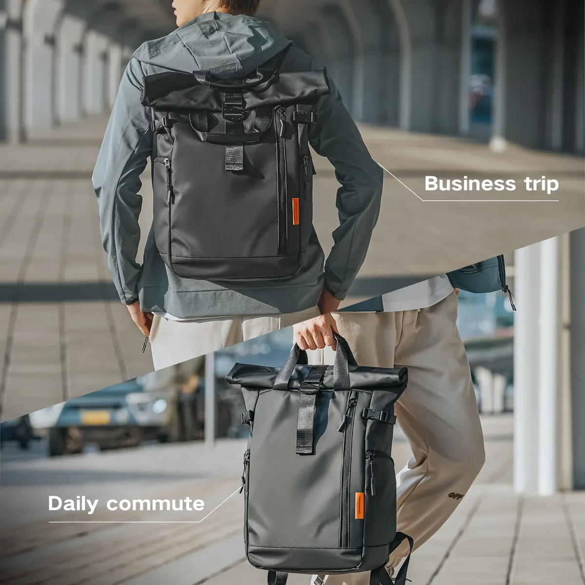 tangcool nouveau sac à dos étanche pour ordinateur portable à fermeture roll-top, extensible, grande capacité, pour voyage, décontracté, affaires, trajets quotidiens, sac à bandoulière