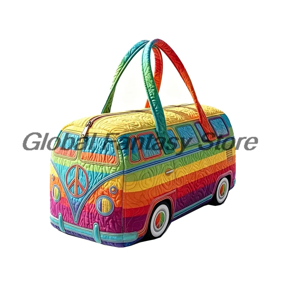 sac de voyage matelassé hippie van 2026 avec imprimé signe de la paix, sac fourre-tout pour voyages en voiture, sac à main pour femmes et hommes, sac de week-end pour activités de plein air