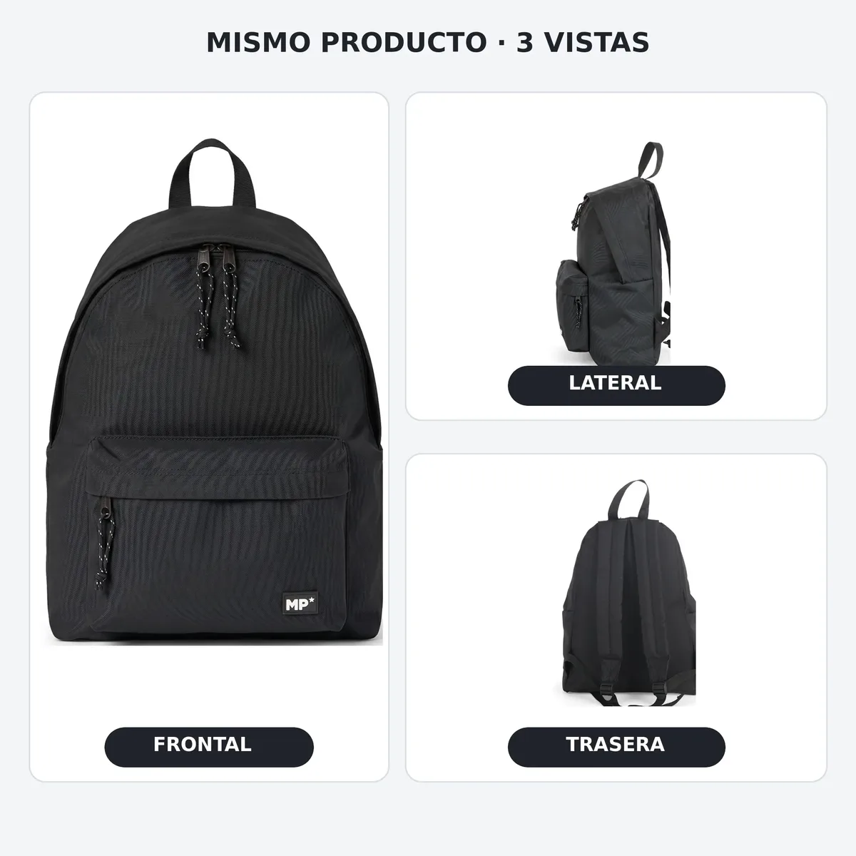 sac à dos scolaire décontracté noir mp 35x24x43cm | poignées et dos rembourrés, plusieurs compartiments et poche latérale | sac à dos basique durable pour l'école, l'université, les voyages et le bureau