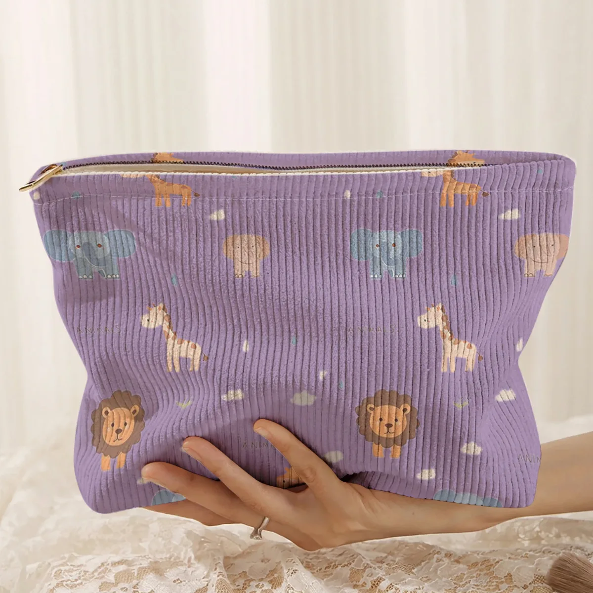 1. trousse de maquillage en velours côtelé à motifs animaliers, boîte de rangement légère à fermeture éclair, sac multifonctionnel avec doublure