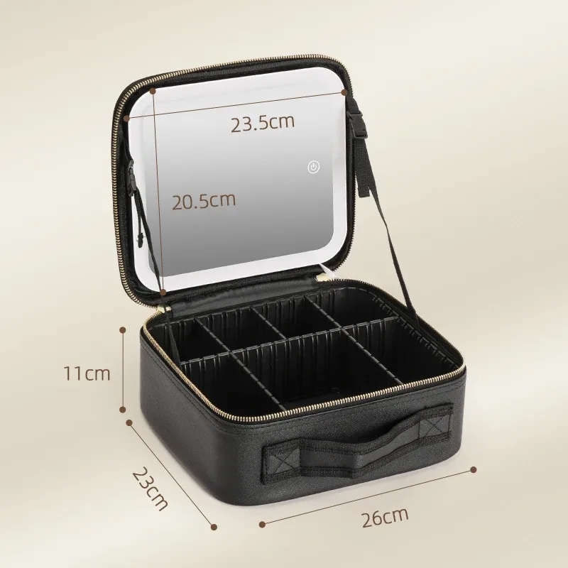 trousse de voyage pour maquillage avec miroir éclairé par led, 3 réglages réglables de couleur, trousse de maquillage de voyage avec séparateurs réglables,