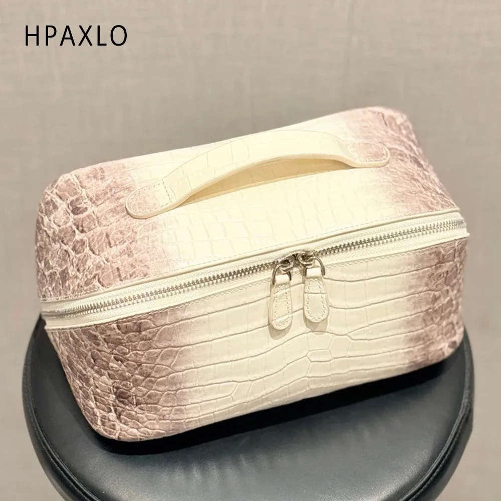 nouvelle trousse de maquillage premium pour femme en cuir véritable, organisateur cosmétique de voyage, couleur himalaya, motif crocodile embossé