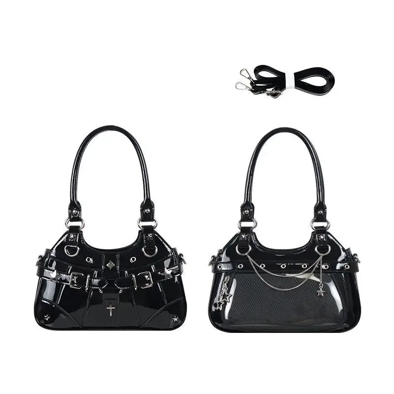 jiaerdi harajuku star ita sac femmes double sangle réglable en cuir transparent fourre-tout sac à main sous-culture quotidien polyvalent sac à bandoulière y2k