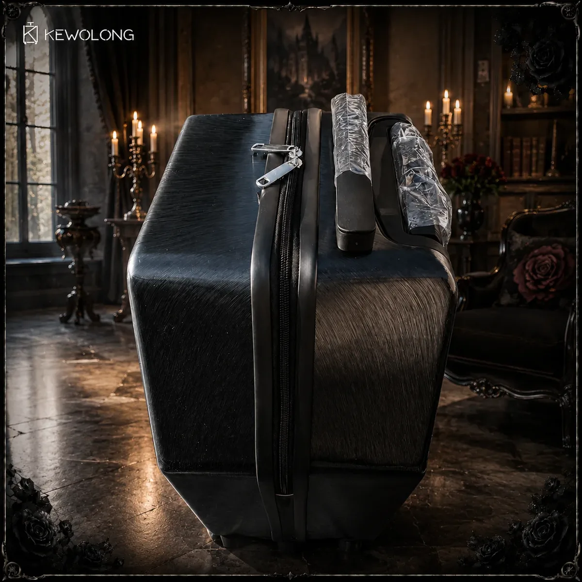 valise gothique, valise en forme de cercueil, sac à roulettes gothique, valise de style alternatif, valise de voyage pour halloween, valise à motifs en relief.