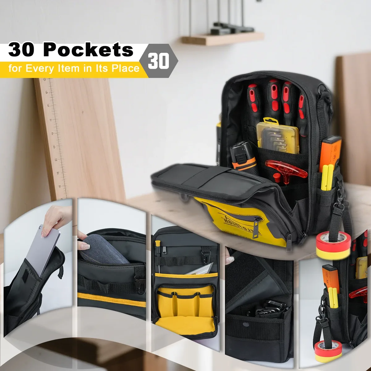 sac à dos pour outils melotough pour hommes, 30 poches multi-rangements, sac à dos pour outils robuste avec bretelles double forme