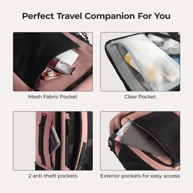 sac dos nylon rose compartiment chaussures poche ordinateur portable poches avant antivol capacité extensible usage voyage