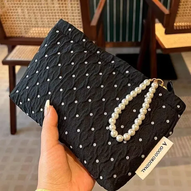 Trousse de maquillage à pois avec fermeture éclair en perles, pochette cosmétique douce avec doublure, sac de rangement de toilette de voyage Portable