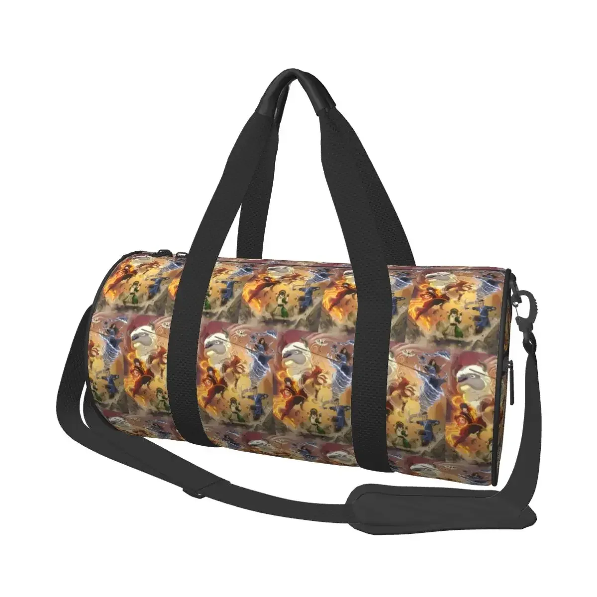 sac voyage polyester motif bœufs stylisés poignée amovible bande épaule usage week end sport cylindrique durabilité
