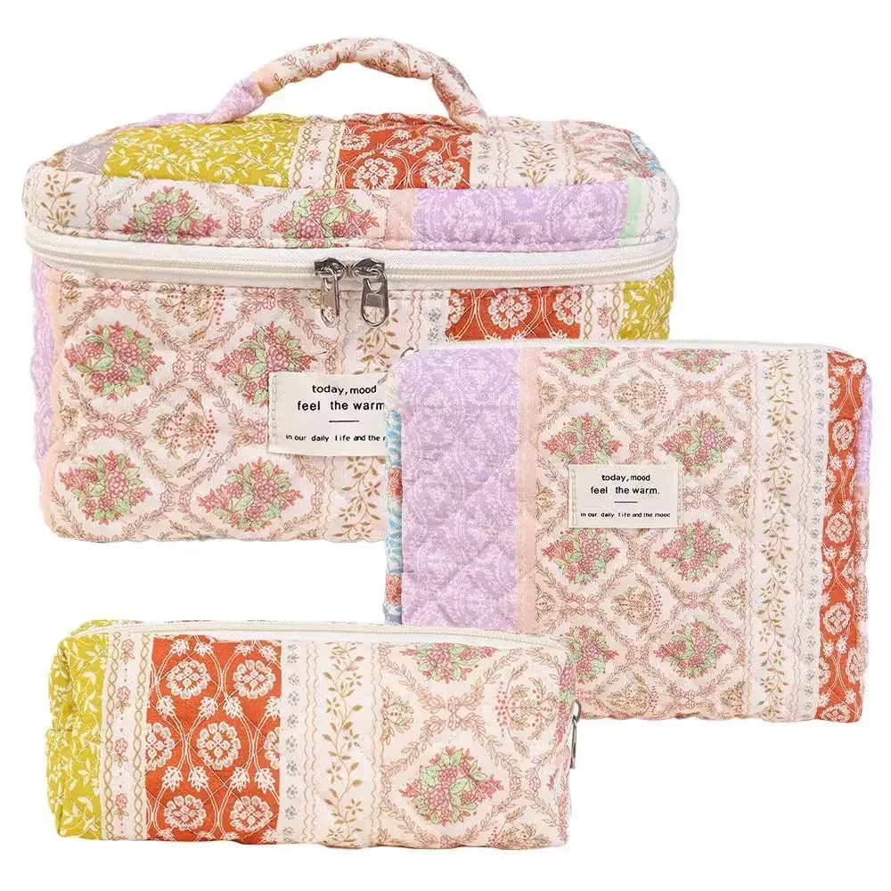 sac de maquillage en coton à fleurs mignonnes pour femmes, 1 pièce, organisateur de cosmétiques à fermeture éclair, sac à main en tissu en forme de boîte, trousse de toilette portable pour filles
