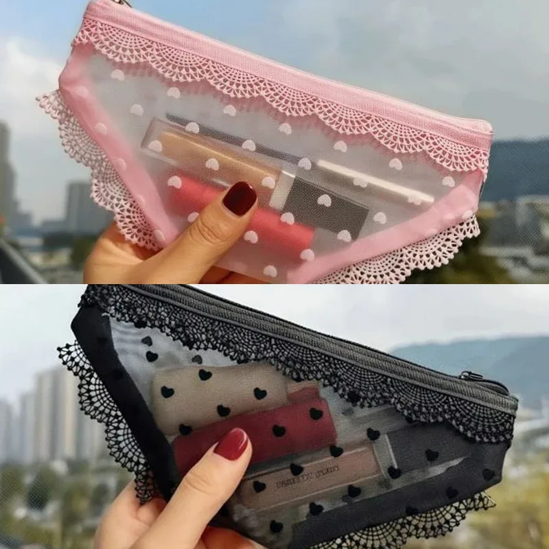 pochette de maquillage en maille tendance avec bordure en dentelle transparente, pochette de rangement décorative avec fermeture éclair, organisateur de bijoux et écouteurs