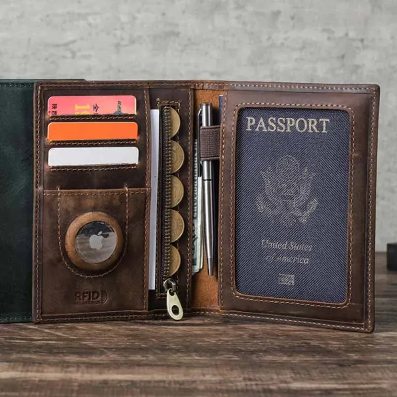 Porte-passeport en cuir de vache véritable avec étui AirTag-portefeuille de voyage bloquant RFID, poche anti-perte et porte-carte pour hommes et femmes