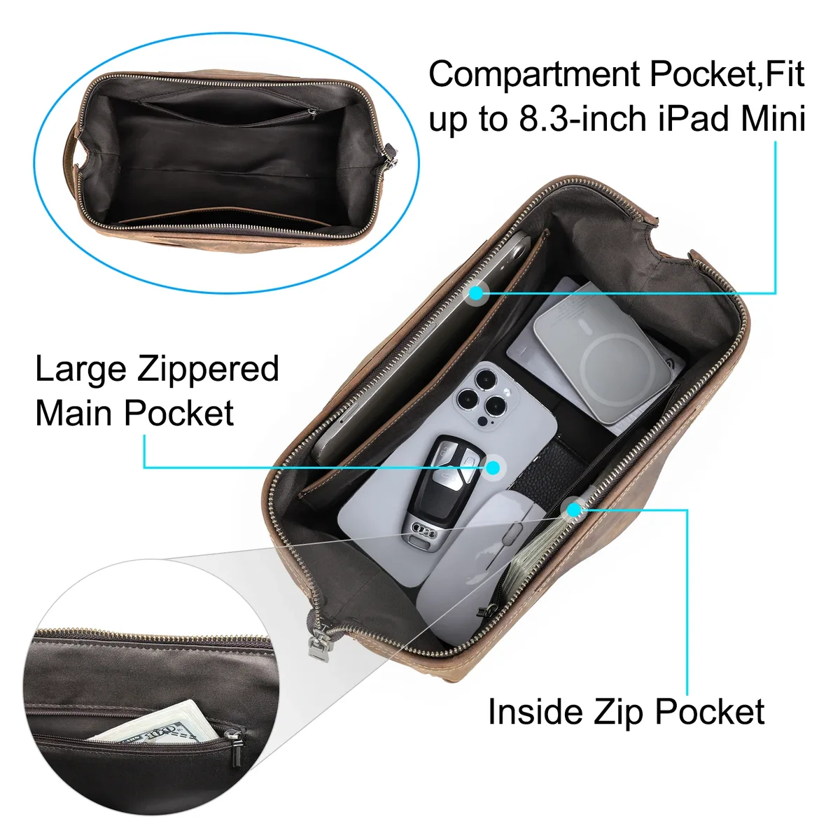 trousse de toilette en cuir véritable pour hommes et femmes, sac à cosmétiques, trousse de toilette de voyage, sacs de rangement, sac à main pour kit de maquillage, homme
