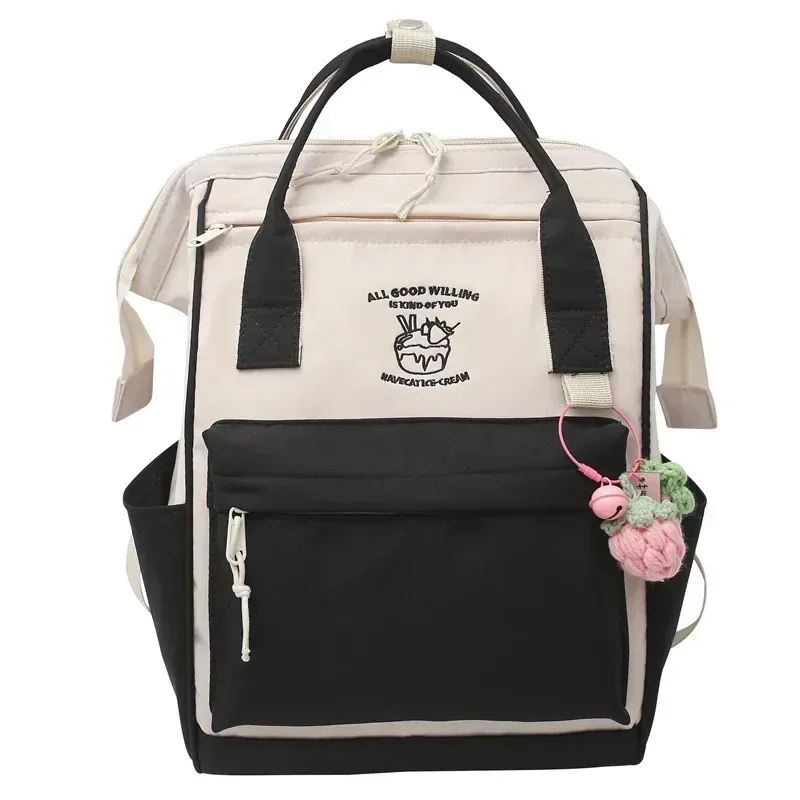 sac dos nylon pastel beige violet bandoulière ouverte motif fruits poche avant voyage loisirs