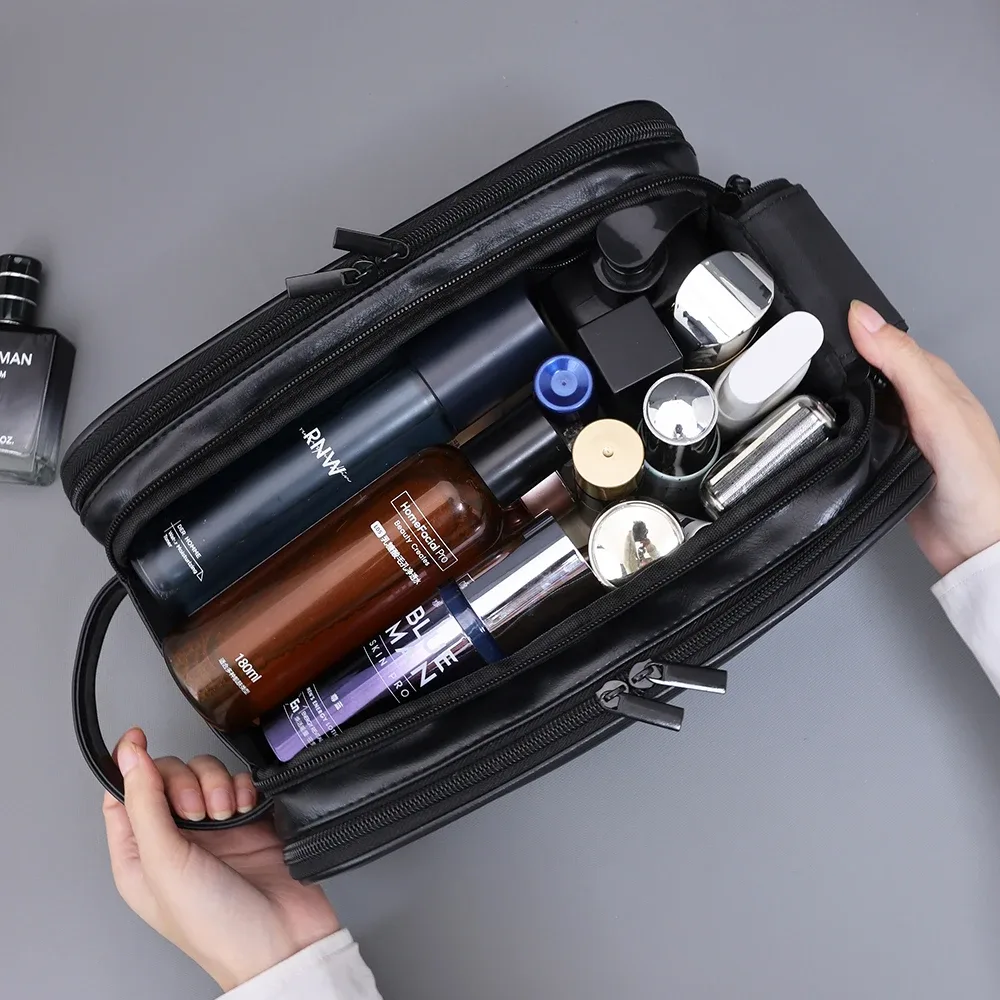 trousse de toilette multi-poches en pu pour femmes et hommes, trousse de maquillage essentielle de voyage, sac suspendu étanche, sac organisateur de lavage de cosmétiques