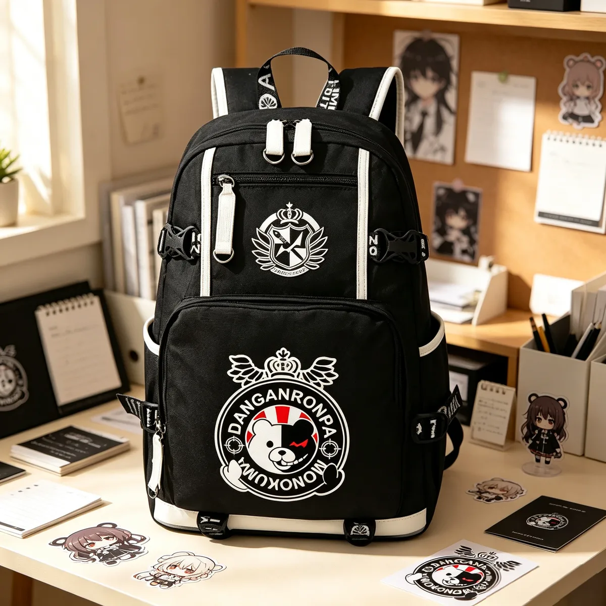 sac dos toile oxford noire dessin animé monokuma couronne ailes capacité 20 35 litres port usb bandes renfort blancs