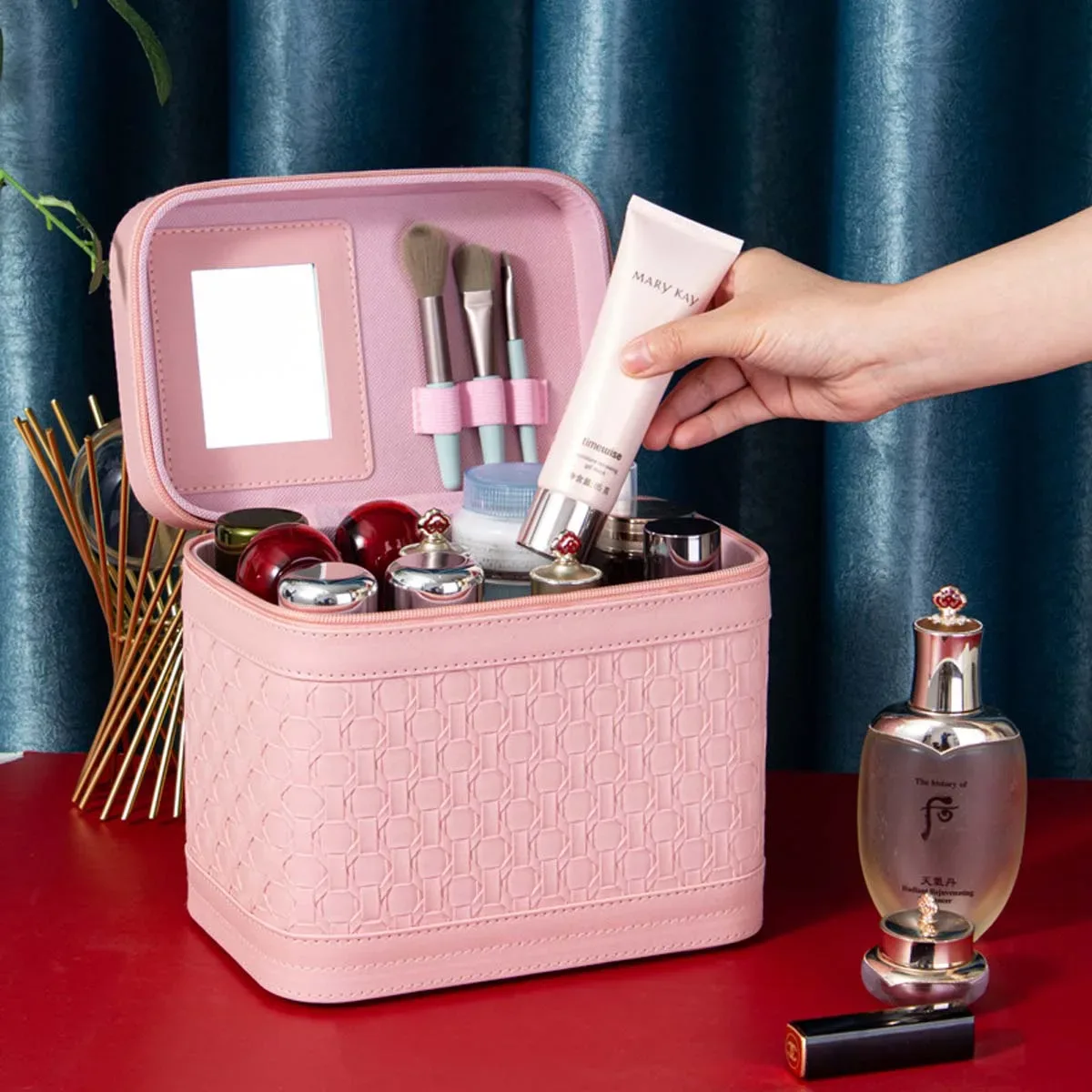 trousse de maquillage portable beauty master : boîte de rangement cosmétique de luxe avec foulard en soie offert