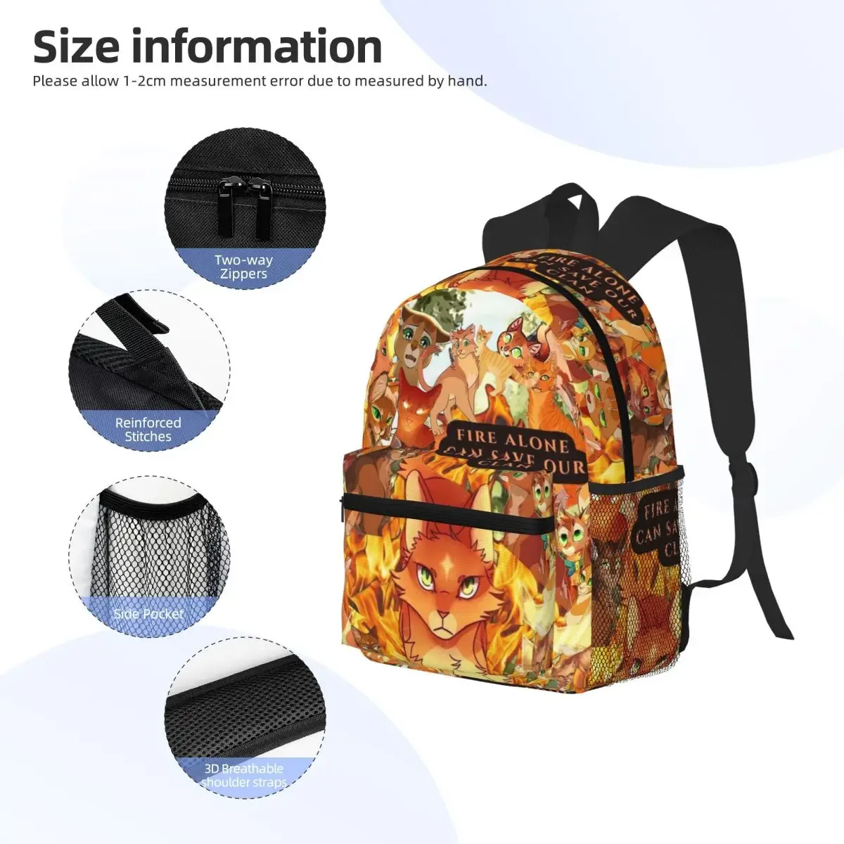four warriors warrior cats sac à dos pour étudiants, sac d'école, sac à dos de randonnée, sac de voyage pour garçons et filles, sac à bandoulière