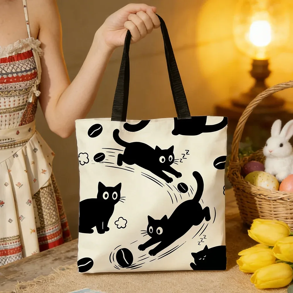 sac fourre-tout en toile motif chat noir et café – imprimé chaton mignon et ludique avec motifs latte et grains de café, sac à bandoulière bohème écologique