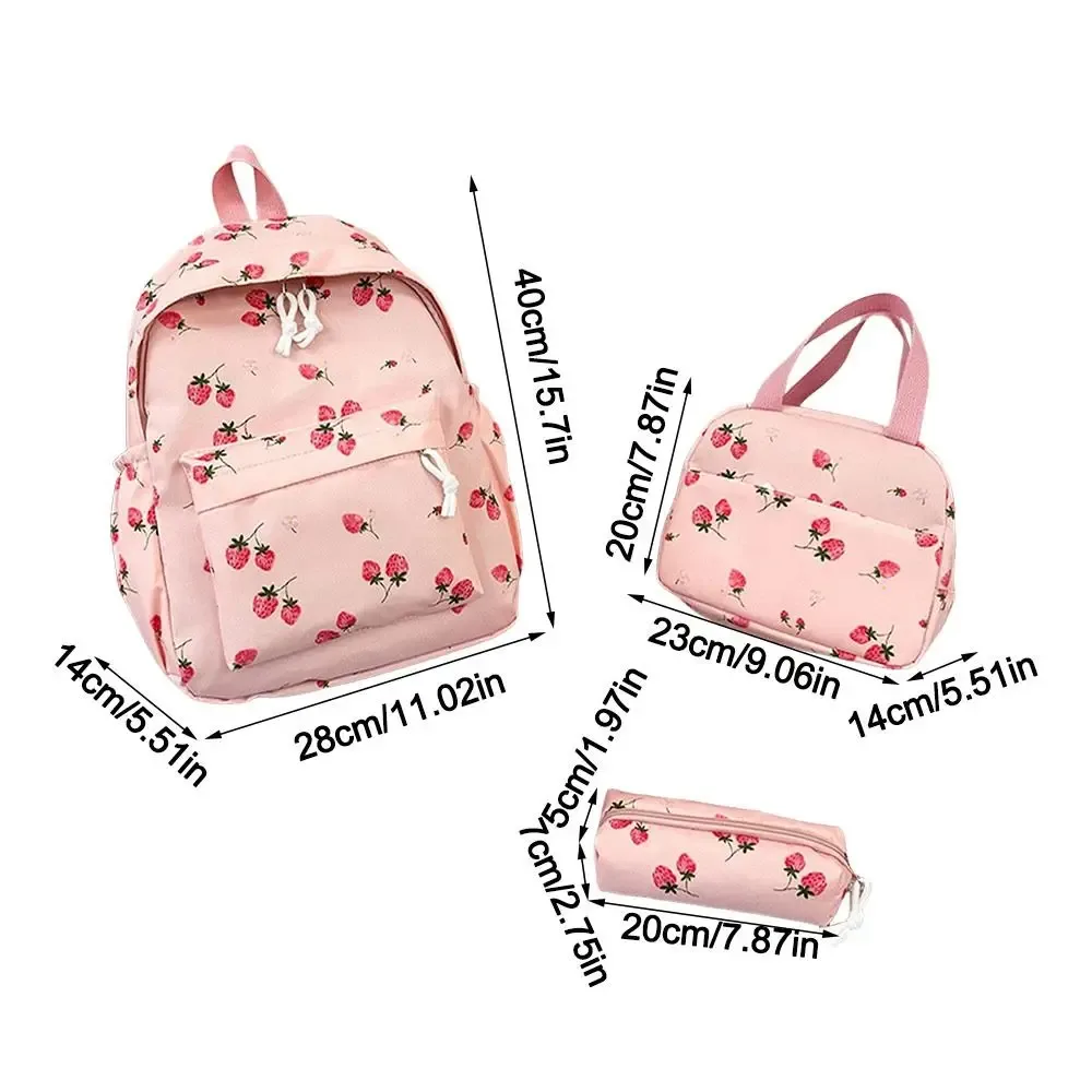 sac à dos fraise en tissu oxford, sac d'école réglable de grande capacité, style preppy avec sac à déjeuner et trousse à crayons, sac à dos de voyage