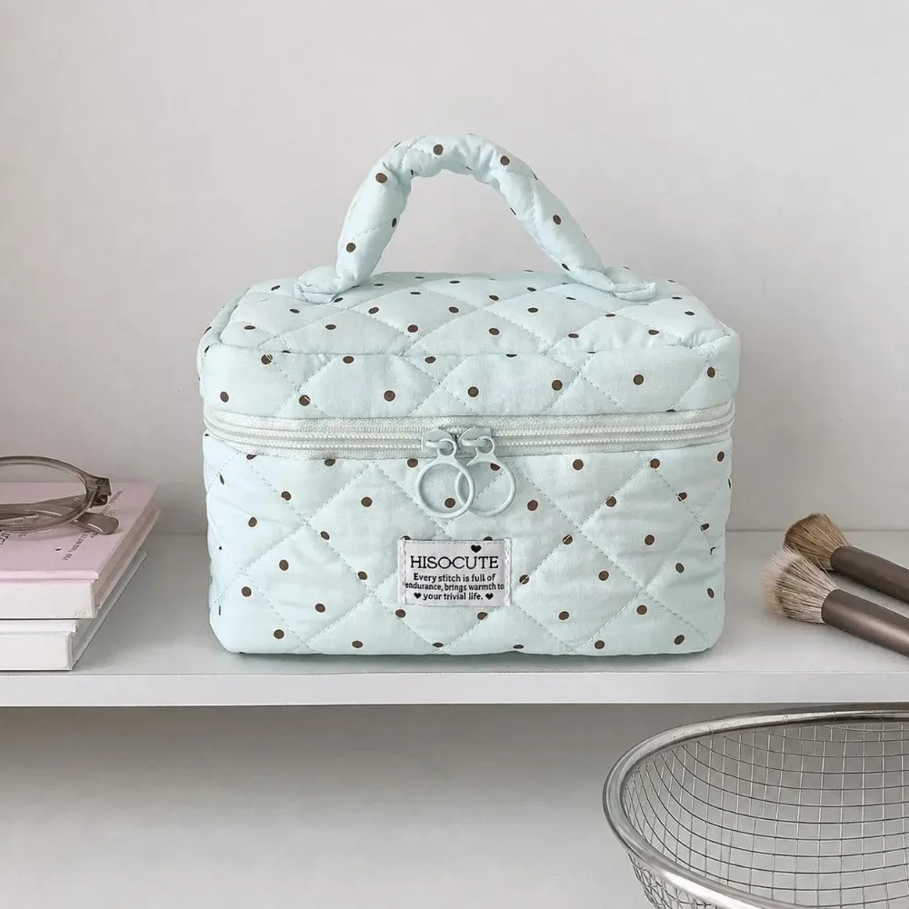 sac de maquillage matelassé à motif à pois kawaii, grande capacité avec poignée, organisateur de toilette de voyage, sac de rangement polyvalent pour femmes
