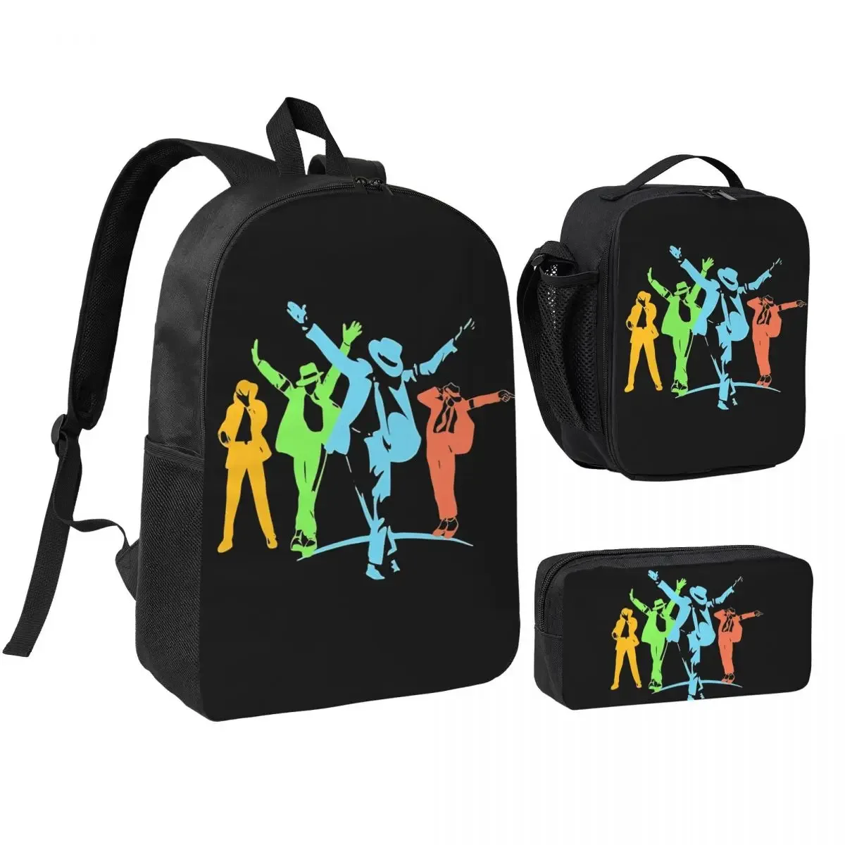 sac à dos mj pop king 3 pièces/ensemble pour étudiant, sac à bandoulière, sac à déjeuner, trousse à crayons