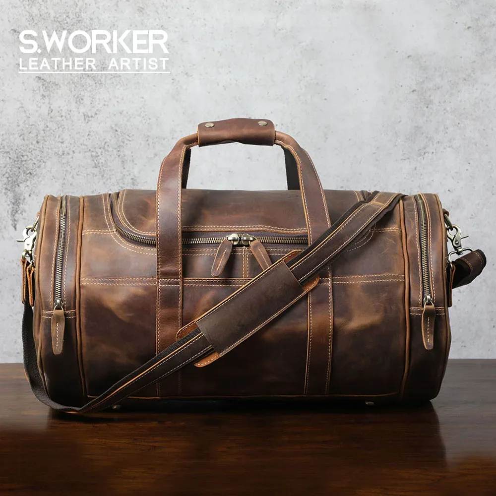 sac de voyage vintage en cuir pleine fleur s.worker pour homme, sac de week-end en cuir véritable grande capacité