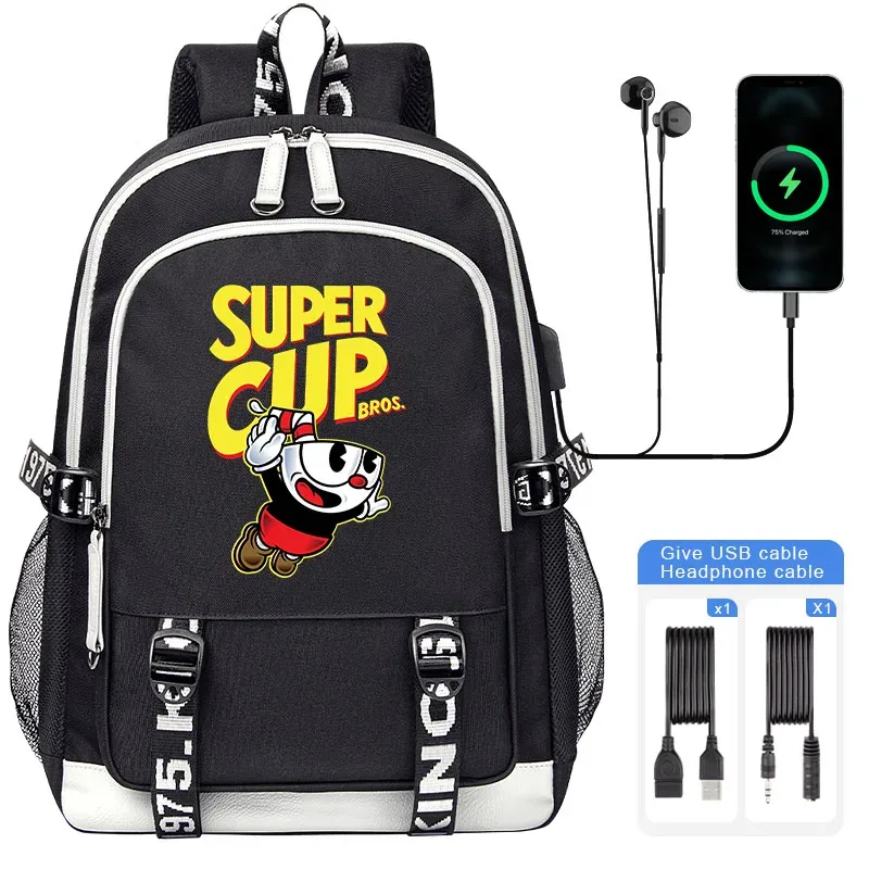 sacoche nylon illustrations cuphead dessin animé noir blanc gris ordinateur portable adolescents étudiants voyager capacité haute bandoulière souple