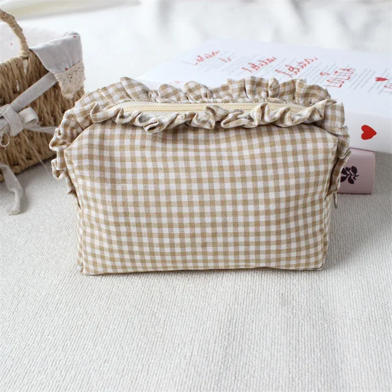 pochette de maquillage à franges en tissu gingham, style coréen, grande capacité, portable, trousse de toilette de voyage pour filles et femmes