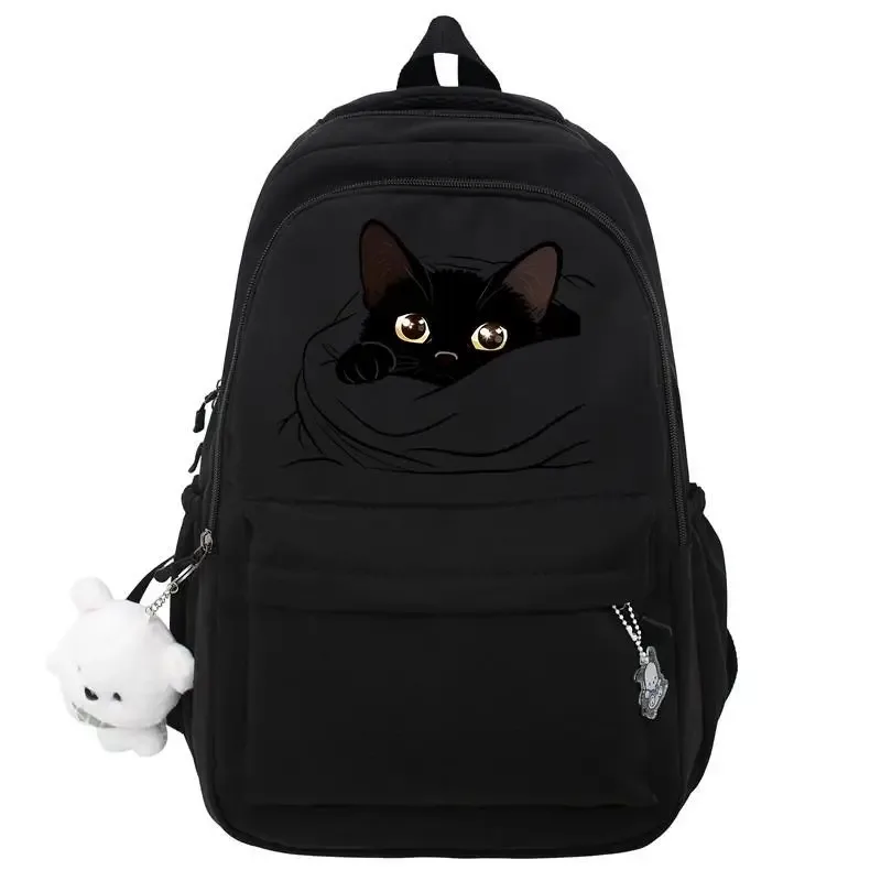 sac dos nylon noir dessin animé chats ours bandoulière arquée compartiment intérieur voyage école adolescents femmes hommes