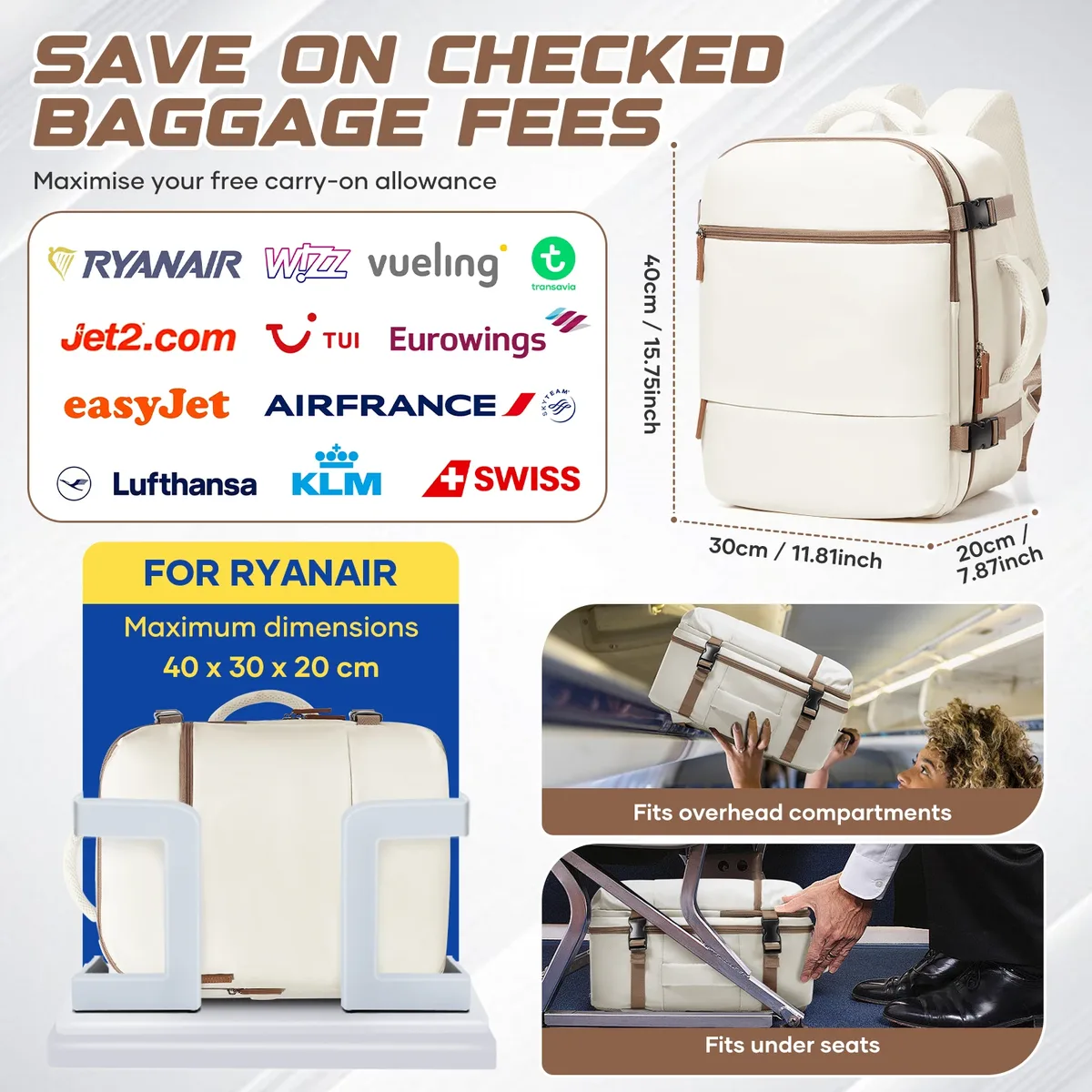 Sac à dos Ryanair, bagage à main, valise, sac à dos de cabine 40x30x20, sac à dos de travail pour homme, sac à dos pour ordinateur portable, sac à dos élégant pour femme
