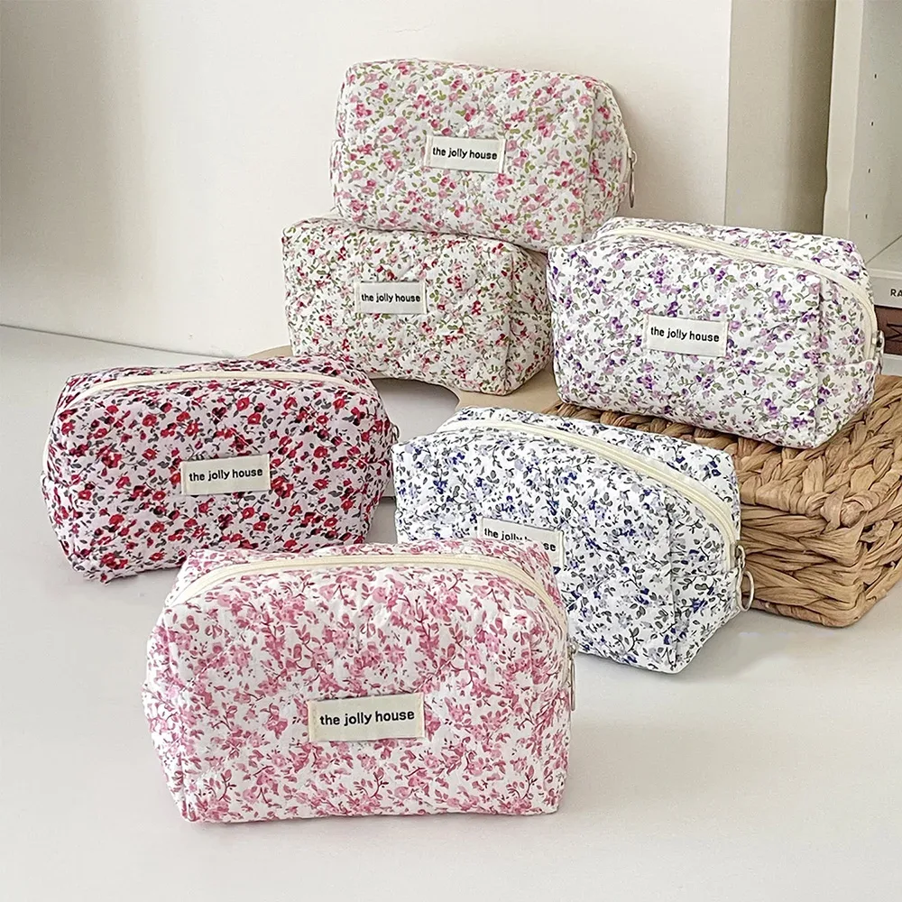 sac de rangement de maquillage matelassé à fleurs, organisateur de voyage portable, pochette de toilette cosmétique, sac à main de maquillage mignon, sacs floraux, vente en gros
