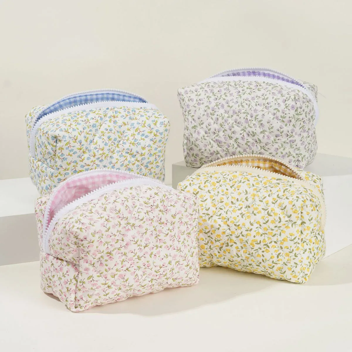 1pc fleur imprimé gonflé matelassé fermeture éclair maquillage sac organisateur de rangement toilette sac à main pochette cosmétique grand voyage sac cosmétique