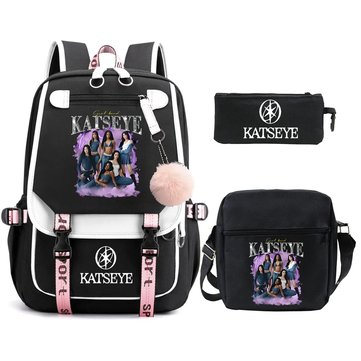 sac dos toile noire rose pastel groupe féminin dessin animé pochette bandoulière poches ouvertes courbe physiologique dos décontracté voyager étudiant scolaire ordinateur portable