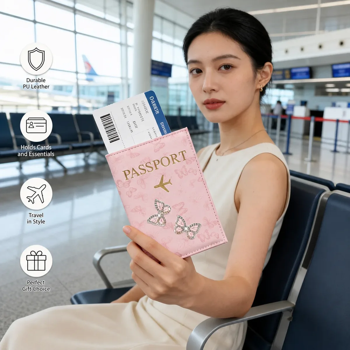 porte-passeport en cuir pu rose papillon, étui de voyage orné de strass avec emplacements pour cartes pour femme, cadeau idéal pour les vacances à l'aéroport