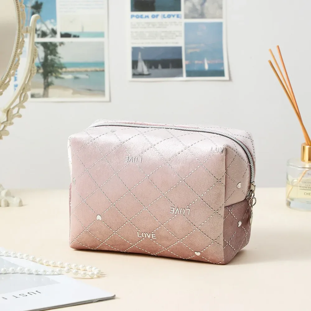 trousse de toilette en velours doux pour femme, sac cosmétique portable, motif étoile estampé à chaud, sac de rangement de maquillage avec fermeture éclair, haute qualité