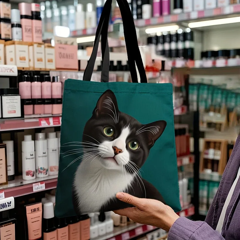 sac fourre-tout pour chat de smoking de grande capacité, sac à bandoulière réutilisable et durable avec motif de chat rayé noir et blanc, fond sarcelle, 1 pièce