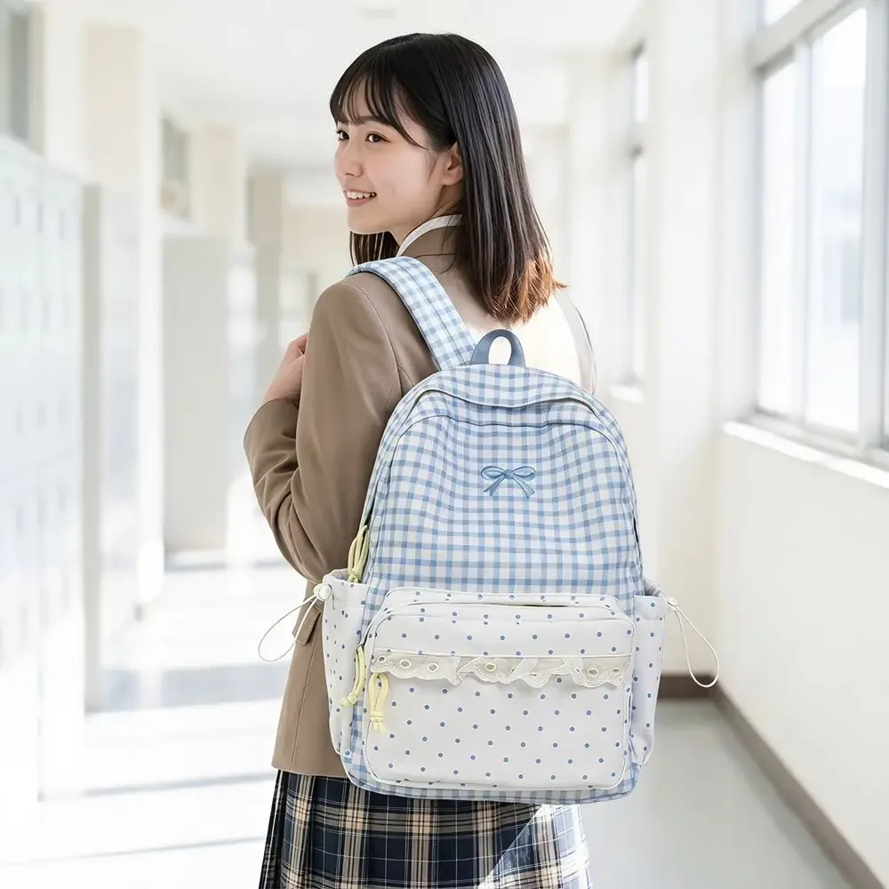 sac à dos mignon à pois avec nœud et garniture en dentelle à carreaux, durable, design nœud, pour étudiants et trajets quotidiens
